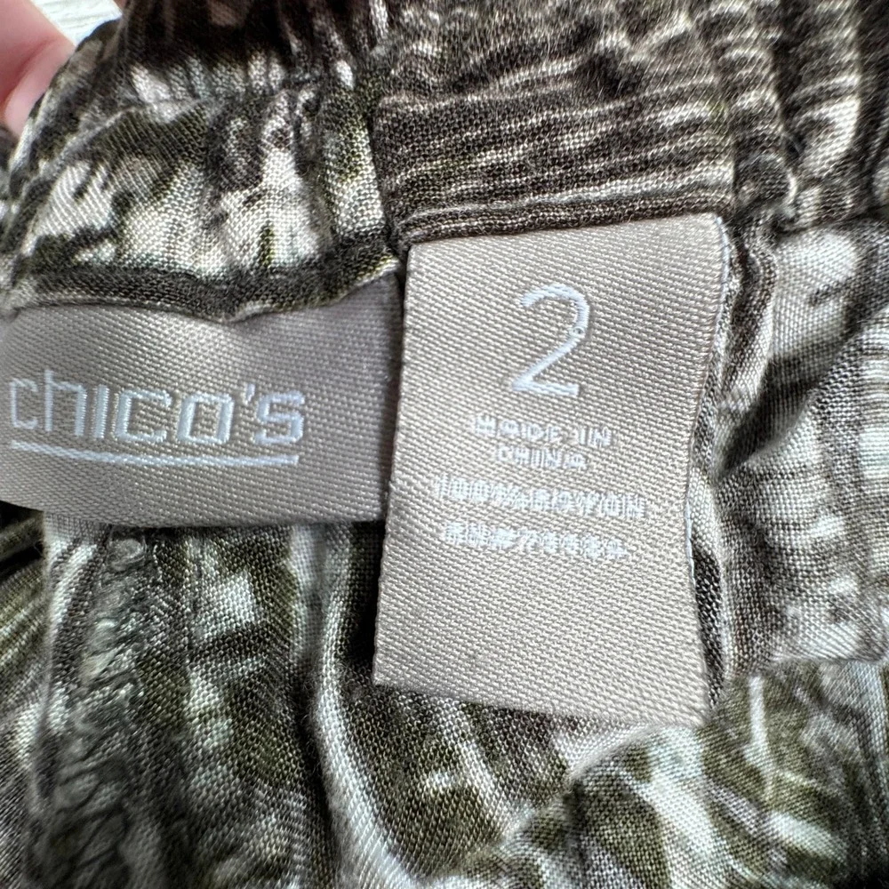 Chico's Women's Pants Brown White Abstract Print Elastic‎ Waist Rayon Size 2
